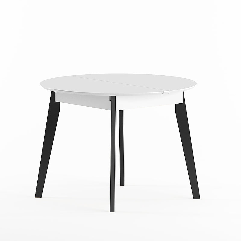 Round Extendable Dining Table White tabletop and black solid wood legs