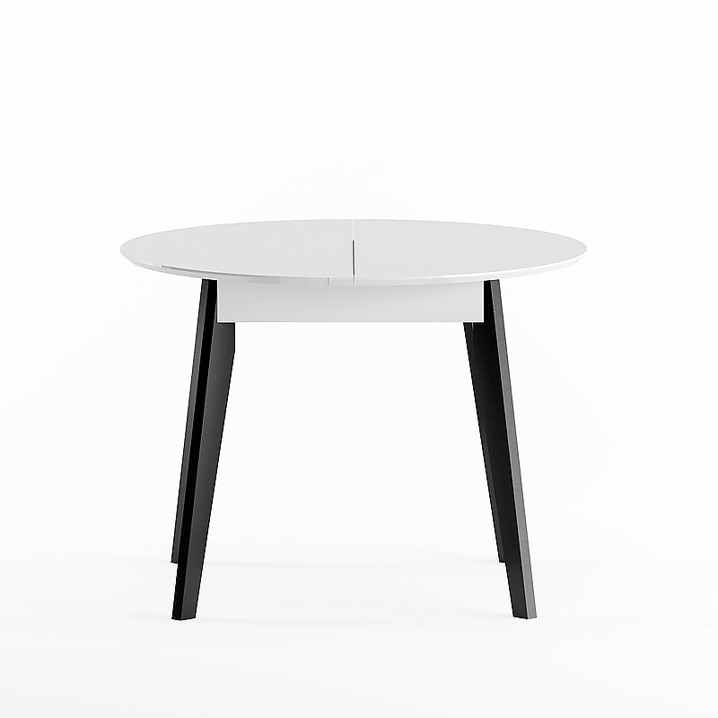 Round Extendable Dining Table White tabletop and black solid wood legs
