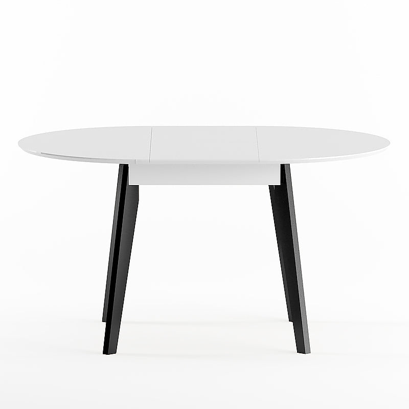 Round Extendable Dining Table White tabletop and black solid wood legs