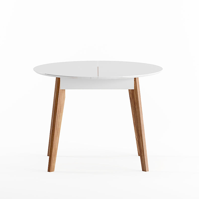 Round Extendable Dining Table with white tabletop and natural wood legs made of solid wood
