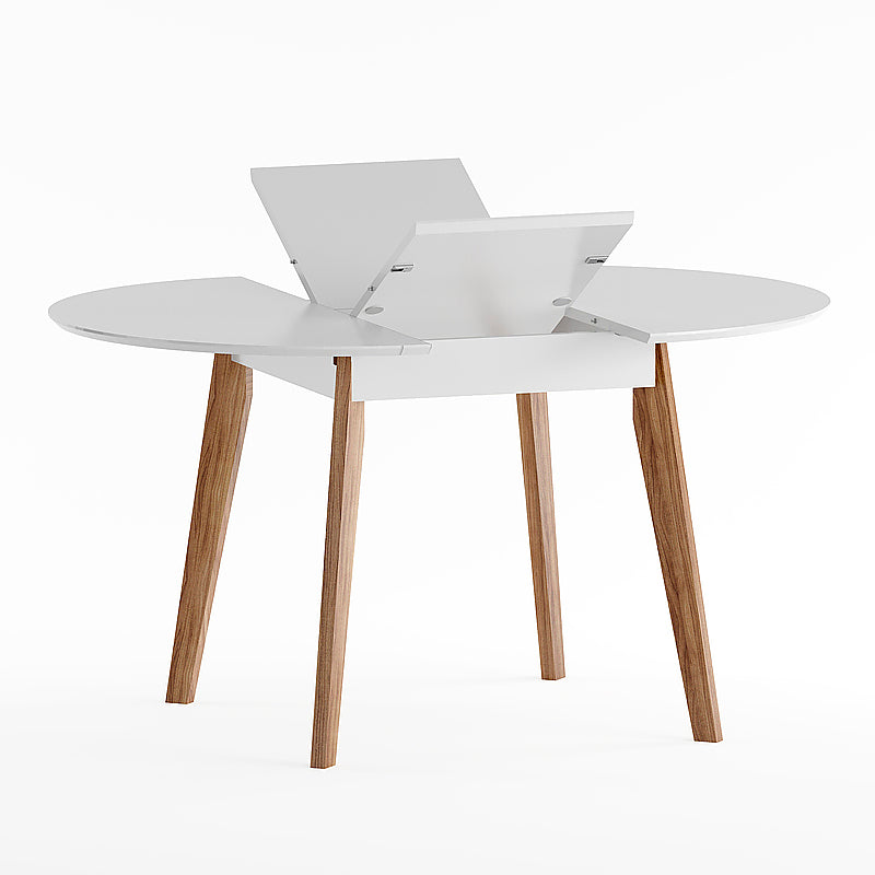 Round Extendable Dining Table with white tabletop and natural wood legs made of solid wood