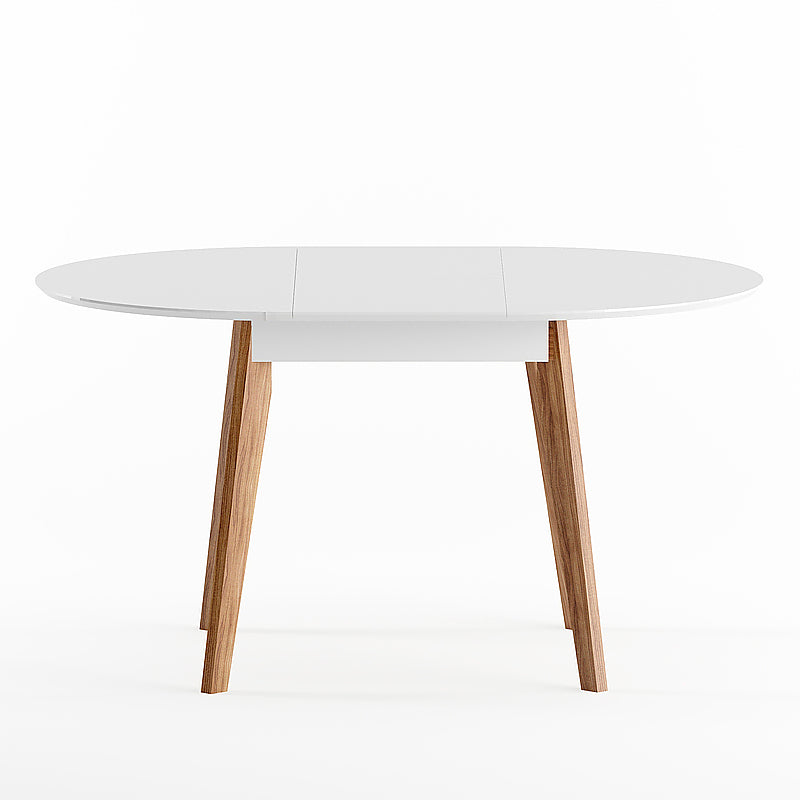 Round Extendable Dining Table with white tabletop and natural wood legs made of solid wood