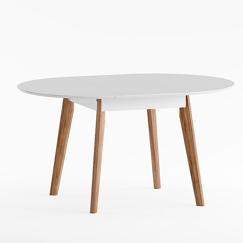 Round Extendable Dining Table with white tabletop and natural wood legs made of solid wood