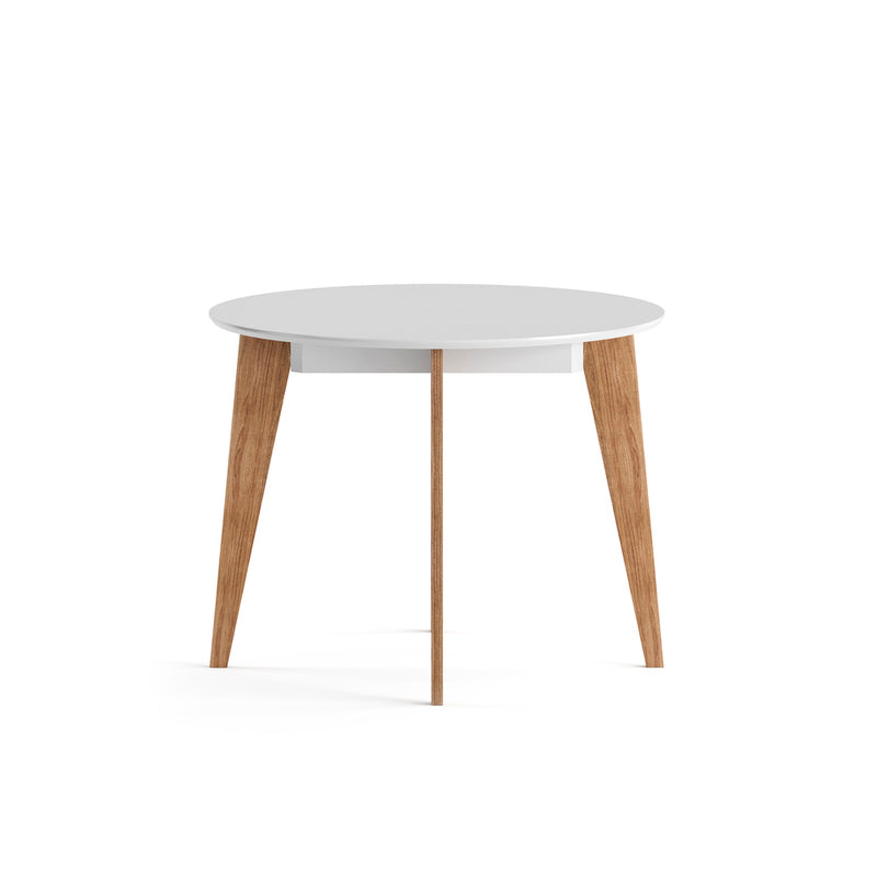round dining table with white tabletop