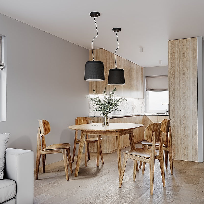 Round extendable dining table and 4 solid wood chairs