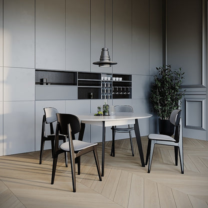 Round Extendable Dining Table in white and black colors with black solid wood dining chairs