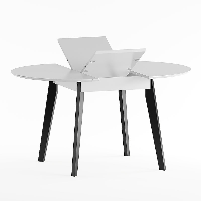 Round Extendable Dining Table White tabletop and black solid wood legs
