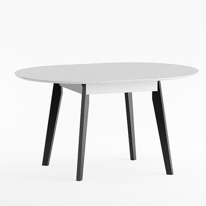 Round Extendable Dining Table White tabletop and black solid wood legs