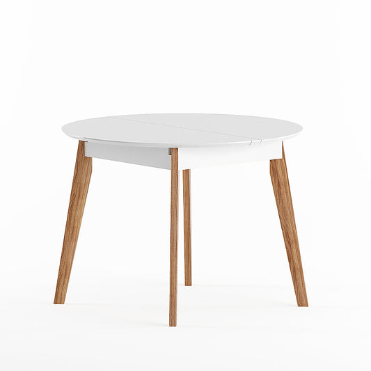 Round Extendable Dining Table with white tabletop and natural wood legs made of solid wood